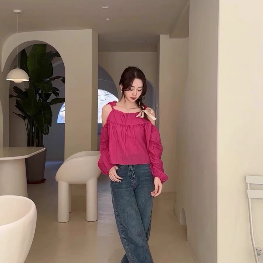 Chic Pink Off-Shoulder Top long sleeve blouse shirt cold-shoulder